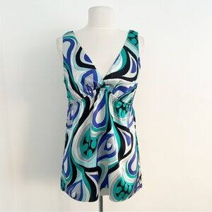 Vintage Silk Y2K Gala Blue Retro Print Sleeveless Babydoll Blouse Size Medium